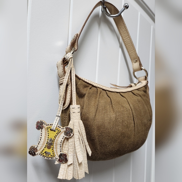 CELINE Crescent Burlap and Leather Charm Bag RARE - Picture 1 of 16
